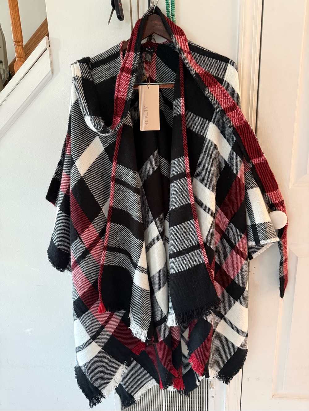 Plaid Poncho in Black, White & Red